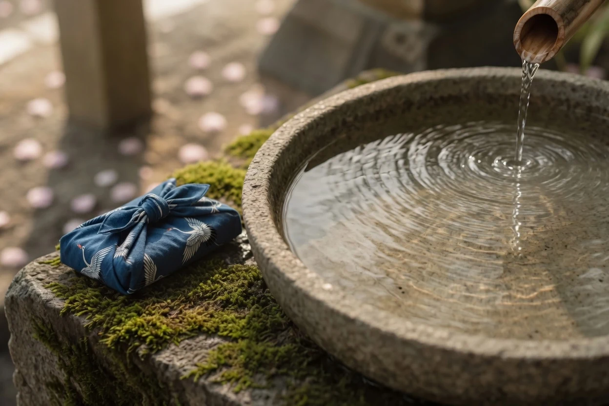 手水鉢のそば、苔の上に置いた鶴の風呂敷包み